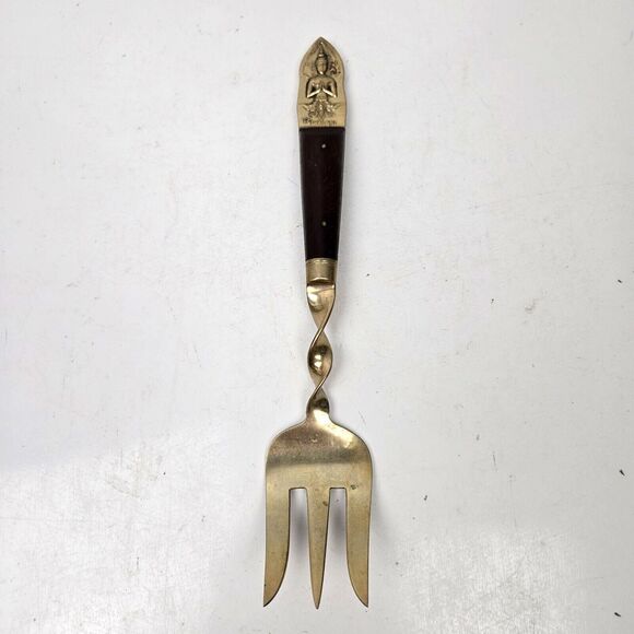 Vintage Large Serving Fork & Spoon Buddha Bronze Brass Rosewood Siam Thailand 10 - Picture 8 of 11